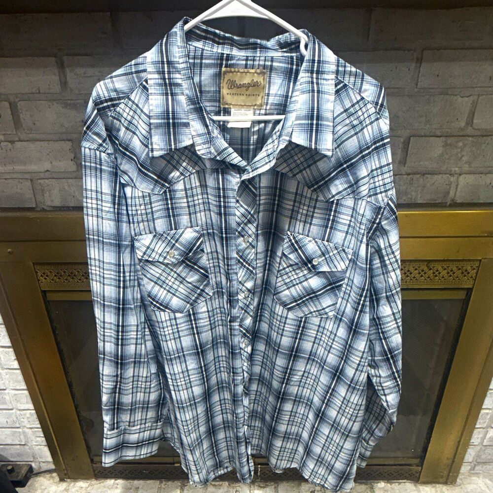 Wrangler Western Gray Blue Plaid Pearl Snap Button Long Sleeve Shirt size 3XL